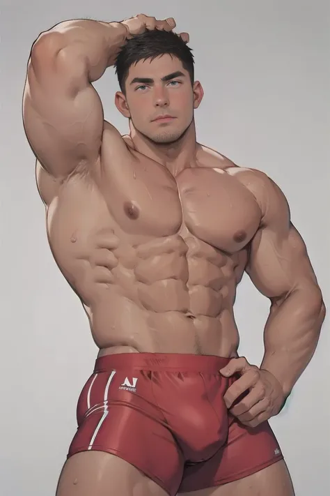  relaxedbrown skin, shirtless ,naked,muscular body, abs,muscular arms, Six pack ,huge biceps, half body, complete fingers,Greco-Roman wrestling uniform,Red series uniform, open legs, top comes off, plain grey background , a shaved beard , ((a half-sided po...