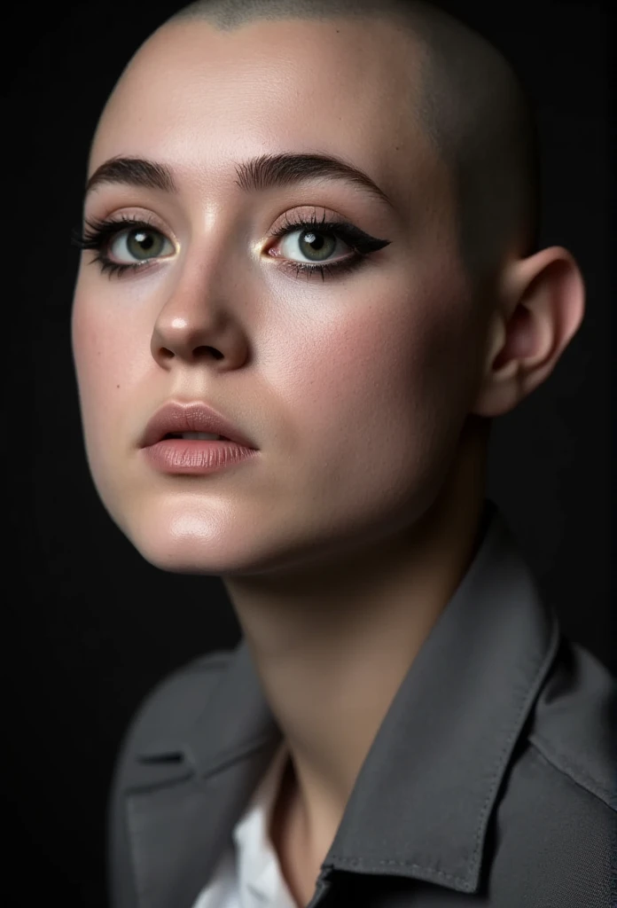 cinematic portrait, a bald woman with a clean shaved head no hair at all 5 oclock shadow for hair, detailed, hyper realistic, photorealistic, sharp focus, 8k, hyperdetailed eyes, extremely detailed skin, striking facial features, high contrast lighting, dr...