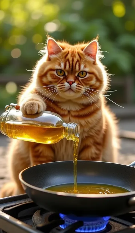 2.	Scottish Fold Cat Cooking with Oil: In the warm, golden sunlight, a chubby Scottish Fold cat stands by an outdoor stove, holding a glass oil bottle with a sturdy side handle. Carefully, the cat tilts the bottle, pouring golden oil into a hot pan, creati...