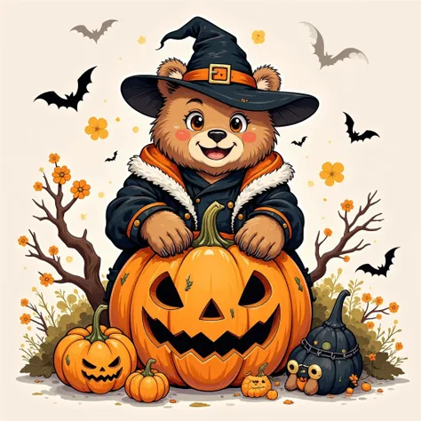 cartoon illustration style,  hand-drawn illustration, 1shtx1, halloween, a bear with many scars that are a proof of strength