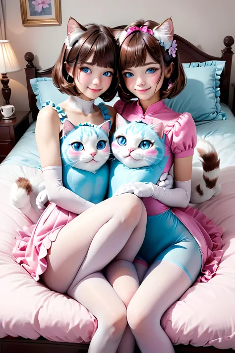 (1 man, 1 woman) (white and pink cat facepaint) (bob cut, brown hair, blue eyes, feline features) (hetero, couple) (crossdressin...