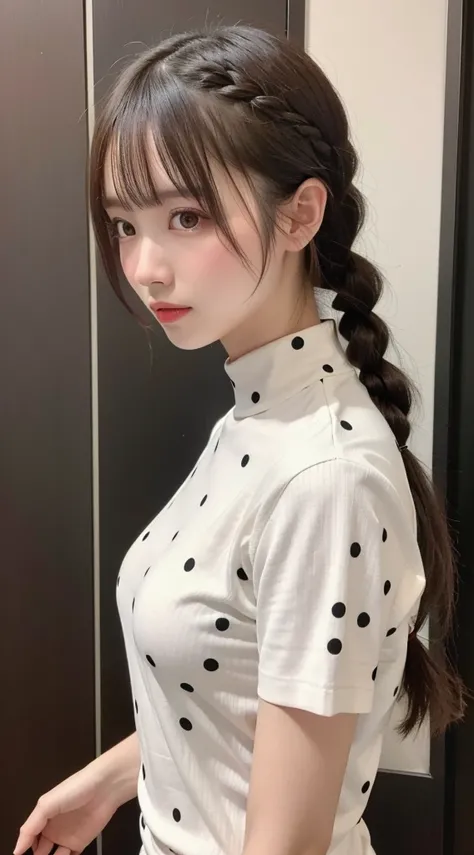  BEAUTIFUL GIRLS,   very beautiful and delicate face ,  laugh shyly, Deep Valley), 、(彼女はLarge Breastsをしている、(White polka dots)High neck ribbed knit T-shirt.Black skinny pants、Sideways to the viewer、:1.3), (Large Breasts.), (Tight clothing),  Her Hair Is Bra...