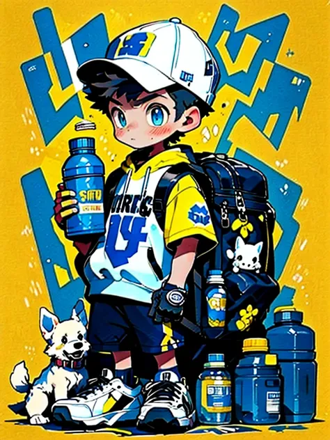 graffiti, 1boy, animal, backpack, bag, baseball cap, black hair, blue eyes, bottle, chibi, clothes writing, dog, english text, f...