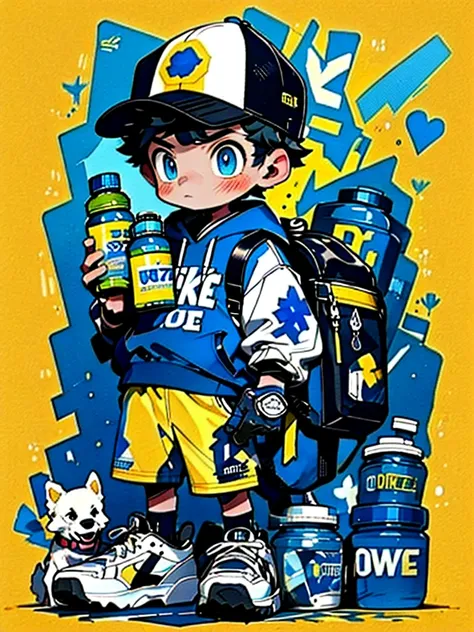 graffiti, 1boy, animal, backpack, bag, baseball cap, black hair, blue eyes, bottle, chibi, clothes writing, dog, english text, f...