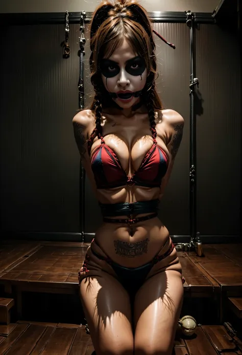 sfw:1.6, a sexy clown :1.7,  tie rope , ballgag, intricate makeup, colorful hair, sinister expression, surreal background,  dark...