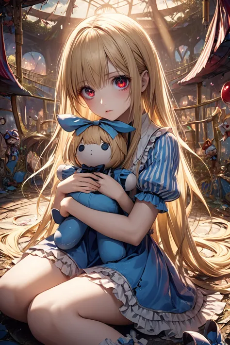 1girl,Alice, from Alice in wonder land, Alice, like Alice in wonderland,Dark fantasy,
, Red eyes(Crazy Eyes),blonde hair,very long hair,straight hair,expressionless,medium breasts
,sitting on ground,breast,looking at viewer,hugging doll,Tattered dolls,quality\(8k,wallpaper of extremely detailed CG unit,top-quality, top-quality real texture skin,best quality, highly detailed,vibrant colors, dramatic lighting, persuasive storytelling, atmospheric scenery, captivating visuals, intricate details, strong emotions,dreamlike world,Moonlit night, abandoned amusement park