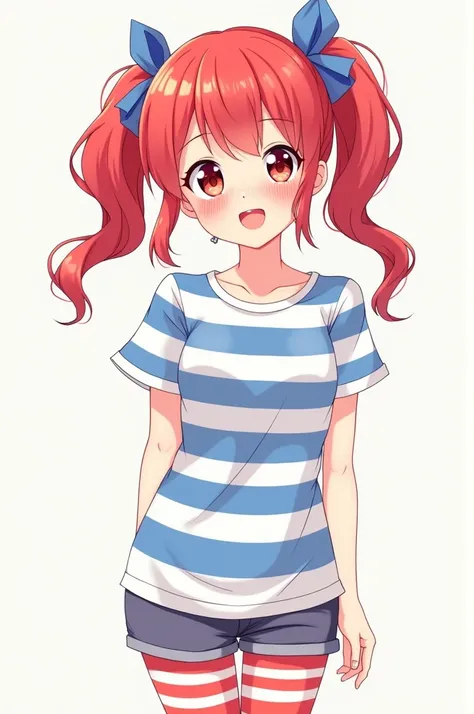 An anime-style Woman character with red pigtails, blue ribbons, freckles, and a playful expression. She is wearing a blue and white striped shirt with red and white striped stockings. The illustration is clean, simple, and captures a cheerful, friendly vib...