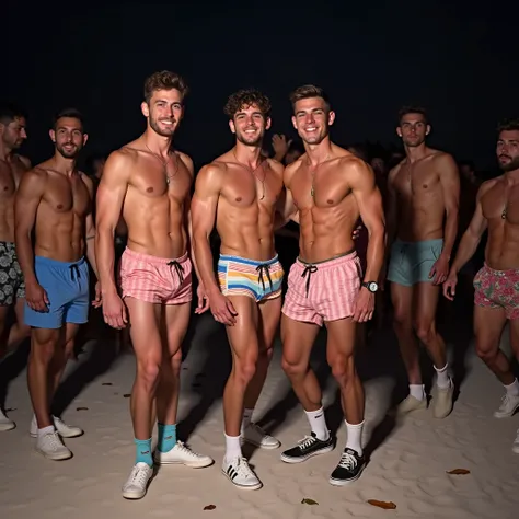 
gay love sexe, Realistic full length photo, gay handsome muscular young males, beauty, biceps, muscles, pecs, shoulders, various fashion sexy shorts and shirts, fashion sneakers and socks, spring-break on beach in Florida, group of boys dancing, drinking,...