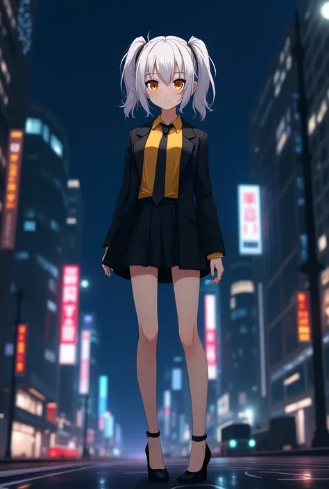 highly detailed, anime female character, short white hair with two side ponytails, yellow eyes, fair skin, serious expression, 1.80m tall, yellow shirt, black jacket, black tie, black shorts, black high heels, background of a nighttime city, cinematic ligh...