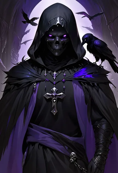 (dark fantasy).(realistic illustration:1.4). a male hooded shadow wraith, obsidian skin, a being of pure shadow. with violet eye...