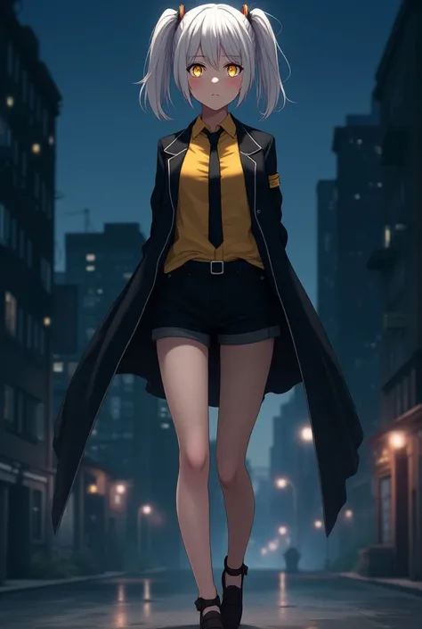 highly detailed, anime female character, appearance of 18 years old, short white hair with two side ponytails, yellow eyes, fair skin, serious expression, 1.80m tall, yellow shirt, black jacket, black tie, black shorts, black high heels, background of a ni...