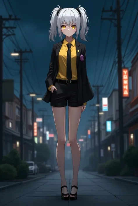 highly detailed, anime female character, appearance of 18 years old, short white hair with two side ponytails, yellow eyes, fair skin, serious expression, 1.80m tall, yellow shirt, black jacket, black tie, black shorts, black high heels, background of a ni...