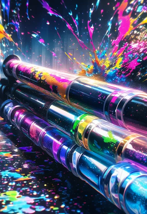 conceptual installation artwork, transparent acrylic long cylinder rod with iridescent bubbles, and beautiful hand clench it, colorful fluorescent paint splashes, various effects, glitter dust effects, delicate and dynamic textures, contrasts of light and ...