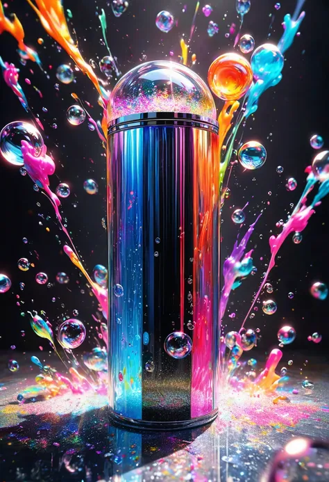 conceptual installation artwork, transparent acrylic long cylinder rod with iridescent bubbles, and beautiful hand clench it, colorful fluorescent paint splashes, various effects, glitter dust effects, delicate and dynamic textures, contrasts of light and ...