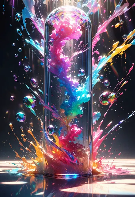 conceptual installation artwork, transparent acrylic long cylinder rod with iridescent bubbles, and beautiful hand clench it, colorful fluorescent paint splashes, various effects, glitter dust effects, delicate and dynamic textures, contrasts of light and ...