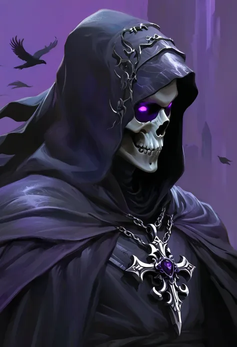 (dark fantasy).(realistic illustration:1.4). a male hooded shadow wraith, obsidian skin, a being of pure shadow. with ((violet e...