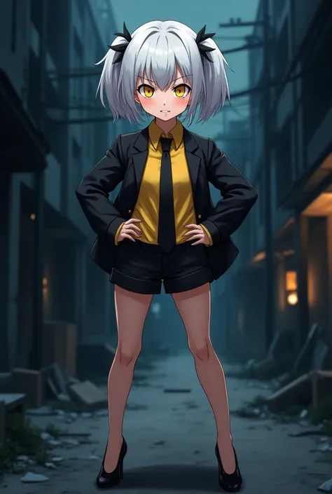 highly detailed, full-body anime female character, short white hair with two side ponytails, yellow eyes, fair skin, angry expression, hands on hips, 1.80m tall, yellow shirt, black jacket, black tie, black shorts, black high heels, standing, background of...