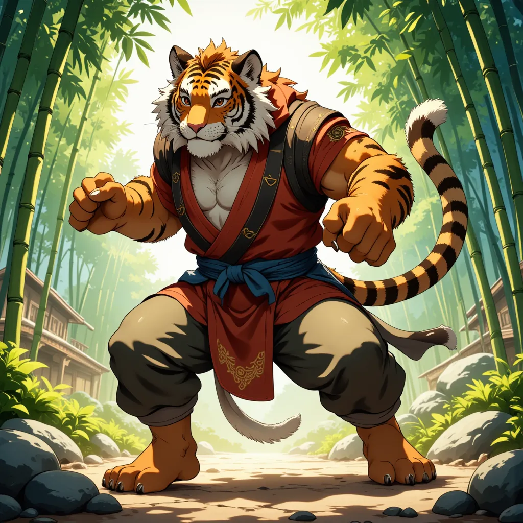 character focus, full body, looking away, dynamic angle, monk, a middle-aged tiger man, costume clothes, robe, shirt, pants, sta...