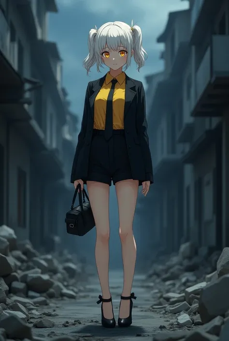 highly detailed, full-body anime female character, short white hair with two side ponytails, yellow eyes, fair skin, neutral expression, 1.80m tall, yellow shirt, black jacket, black tie, black shorts, black high heels, standing, background of a ruined cit...