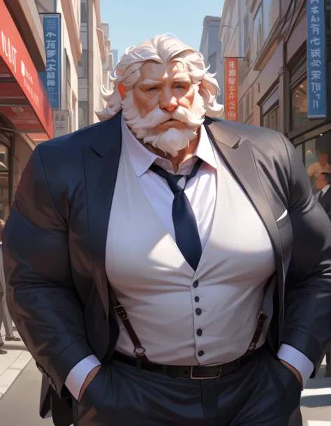 solo, 1boy, muscular old man, business man, suits, street, city, wide shoulder, pectoral, thick arms, huge pectoral, wide pector...