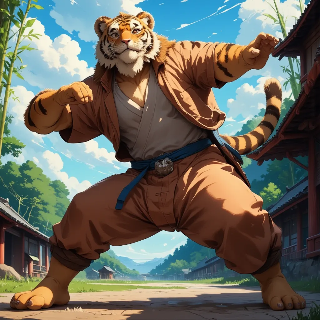 character focus, full body, looking away, dynamic angle, monk, a middle-aged tiger man, costume clothes, robe, shirt, pants, sta...