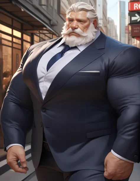 solo, 1boy, muscular old man, business man, suits, street, city, wide shoulder, pectoral, thick arms, huge pectoral, wide pector...