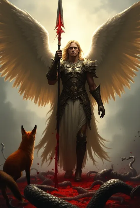 A warrior Angel with a spear at the tip of the spear blood on the ground under the angels feet snakes pierced by another spear a red fox looks at the angel 