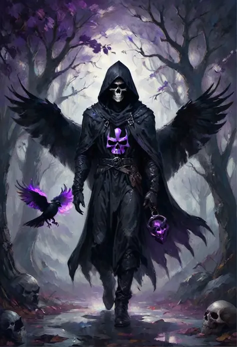 (dark fantasy).(realistic illustration:1.4). A male hooded shadow wraith, obsidian skin, a being of pure shadow. with ((violet eyes)), ((obsidian black skull face:1.2)), black armor, cross pendant, tall, imposing, with his raven bird