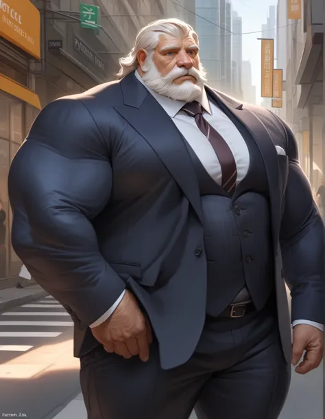 solo, 1boy, muscular old man, business man, suits, street, city, wide shoulder, pectoral, thick arms, huge pectoral, wide pector...