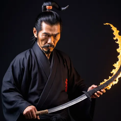 a man, holding a black sickle decorated with japanese symbols meaning death, a black flame coming out of the decoration, the edg...