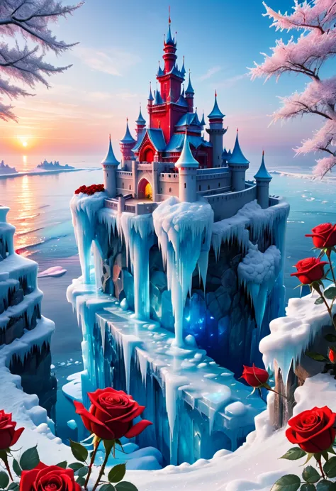 painting：(((sunrise，{{ocean}}，horizon，peaceful)))，( red roses in ice s：1.37)，ice s，，frozen roses，，ice castle refracts light ，cli...