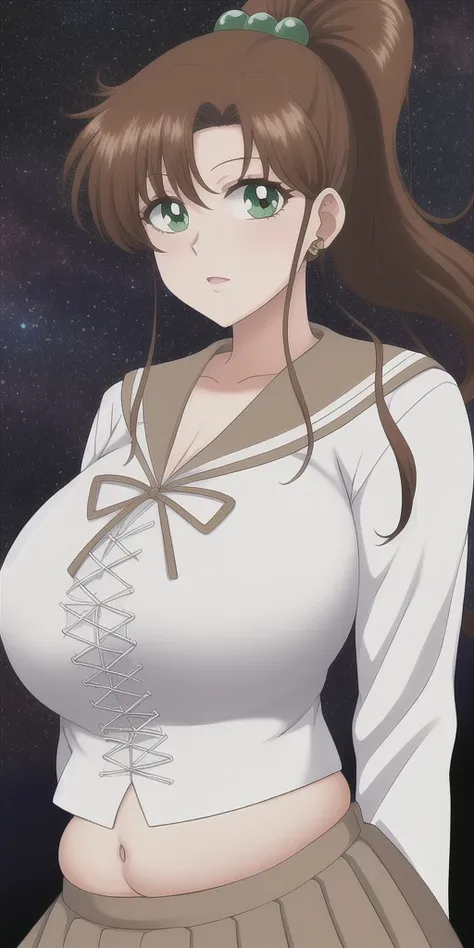 kino_makoto, huge_breasts, standing, solo, School_uniform_Serafuku_White_shirt_Brown_sailor_collar_Cross-laced_top_Brown_skirt, starry_sky,, masterpiece, best quality, detailed face, detailed eyes, highres, midriff, belly button