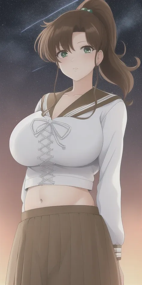 kino_makoto, huge_breasts, standing, solo, School_uniform_Serafuku_White_shirt_Brown_sailor_collar_Cross-laced_top_Brown_skirt, starry_sky,, masterpiece, best quality, detailed face, detailed eyes, highres, midriff, belly button