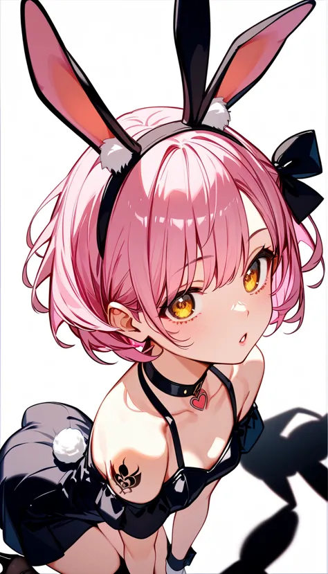 high image quality 、high quality、 one girl playing pranks、 pink hair、 short haired 、 golden eyes、small breasts、 cleavage、 simple...