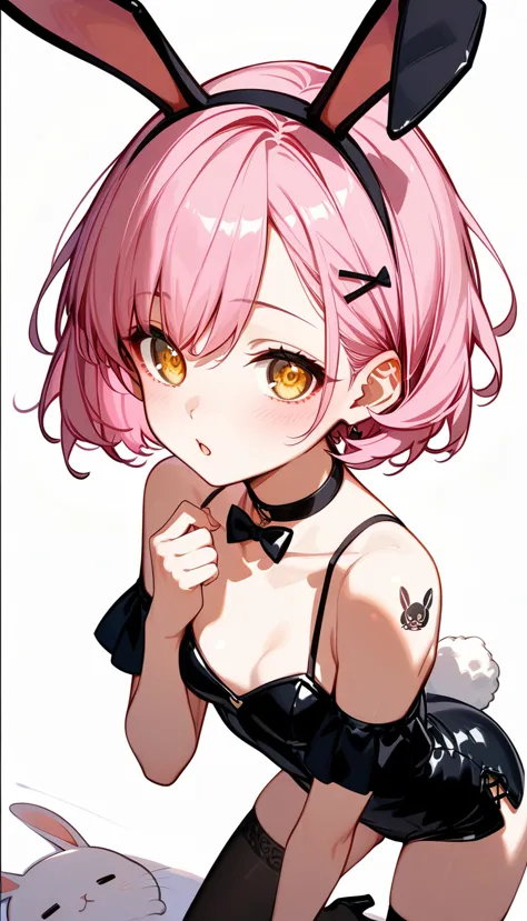 high image quality 、high quality、 one girl playing pranks、 pink hair、 short haired 、 golden eyes、small breasts、 cleavage、 simple...