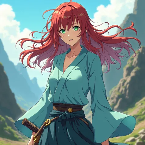 make a mature woman hunter in the style of Kimetsu No Yaiba anime with long reddish hair and green eyes, with a plain light blue haori