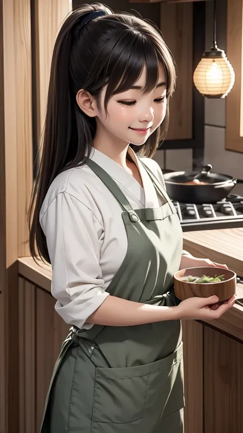 wearing a traditional kappogi (japanese apron), she stands in the kitchen of a japanese restaurant, tasting a spoonful of carefu...