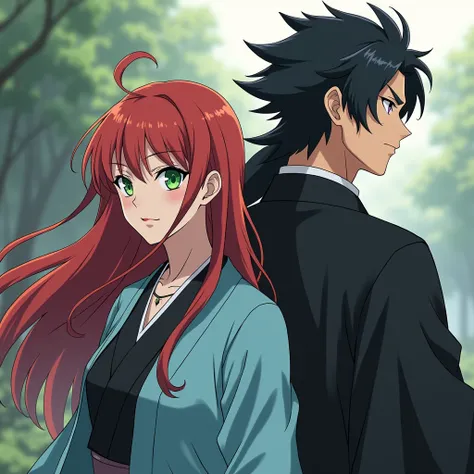 make a mature woman hunter in the style of Kimetsu No Yaiba anime with long reddish hair and green eyes, with a plain light blue haori and a black dress, next to an adult male hunter with black mullet hair and violet eyes, wearing a black haori, full body 