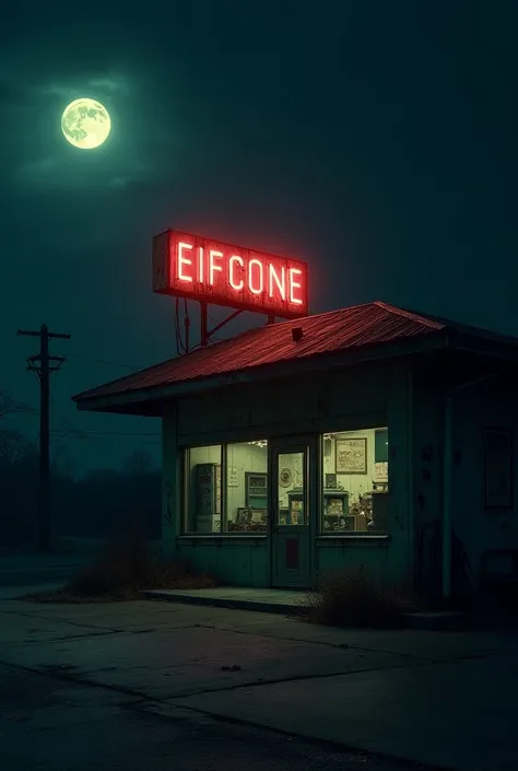 Imagine an old big gas station abandoned at night but that looks creepy, dark.
