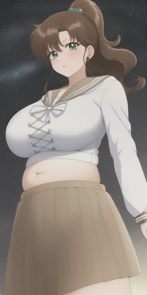 kino_makoto, huge_breasts, standing, solo, School_uniform_Serafuku_White_shirt_Brown_sailor_collar_Cross-laced_top_Brown_skirt, starry_sky,, masterpiece, best quality, detailed face, detailed eyes, highres, midriff, belly button, stuffed belly