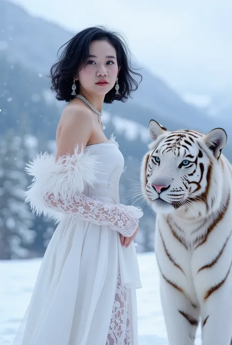 Stylish photography, A low angle view of a beautiful elegant lady, short black hair blowing in the wind, her face is in serious and emotional mood, wearing an elegant white soft long dress, soft fabric cloth, her dress flowing with the wind, slim and slend...