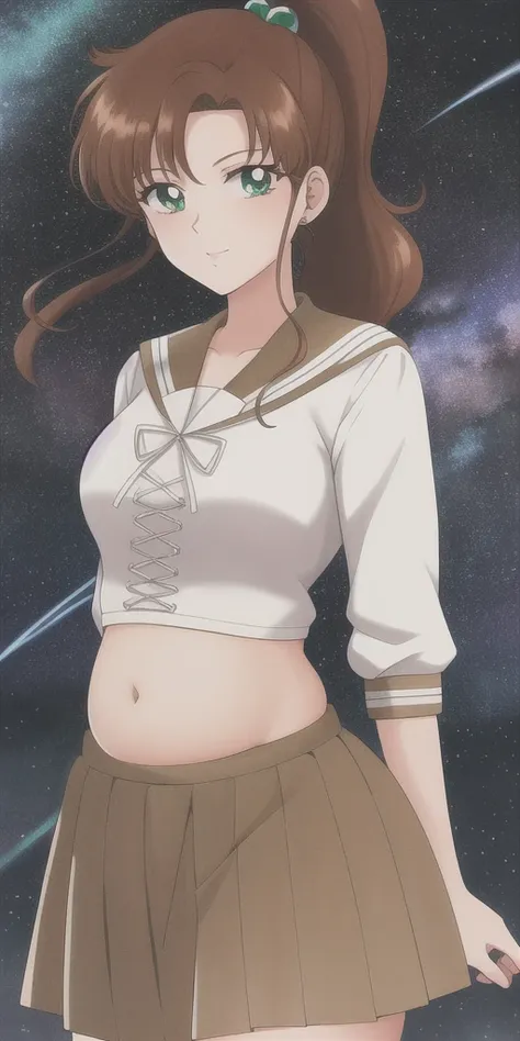 kino_makoto, standing, solo, school_uniform_serafuku_white_shirt_brown_sailor_collar_cross-laced_top_brown_skirt, starry_sky,, m...