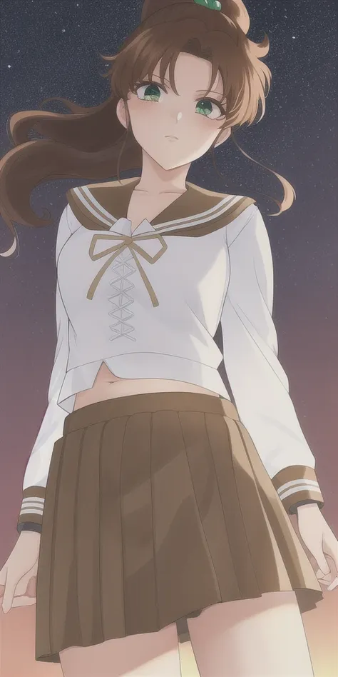 kino_makoto, standing, solo, school_uniform_serafuku_white_shirt_brown_sailor_collar_cross-laced_top_brown_skirt, starry_sky,, m...