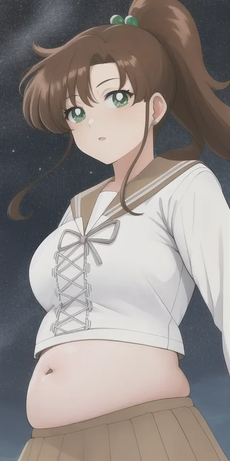 kino_makoto, standing, solo, School_uniform_Serafuku_White_shirt_Brown_sailor_collar_Cross-laced_top_Brown_skirt, starry_sky,, masterpiece, best quality, detailed face, detailed eyes, highres, midriff, belly button, stuffed belly, chubby belly