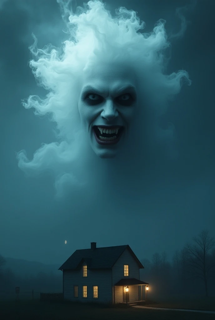 white smoke in the night sky, giving a light, subtle and discreet camouflaged shape to the translucent and transparent face of a vampire with sharp teeth and smiling sinisterly above a simple country house illuminated by the moon, as realistic as possible