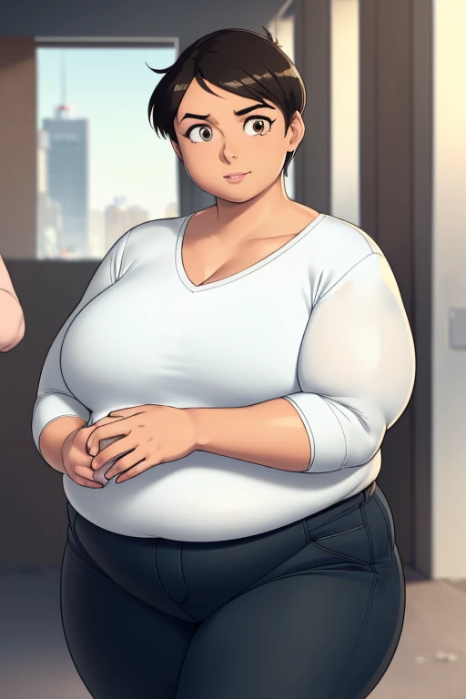 ((ultra quality)), ((masterpiece)), fat Lois Lane, 1 fat girl solo ((black short hair tomboy hairstyle)), (Beautiful face), (beautiful female lips), (), charming, ((Happy facial expression)), looks at the camera, eyes slightly open, ( dark skin color), (da...