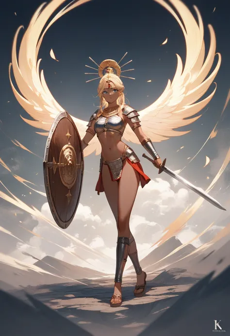 ((masterpiece, highest quality, Highest image quality, High resolution, Highly detailed illustrations, 8K)), ((Extremely detailed CG unified 8k wallpaper)), (huge stunning goddess shot, very hot and sexy, jaw-dropping beauty, perfect proportions, beautiful body, slim body beauty:1.4), (Ancient Athenian female gladiator), (beautiful warrior, holding short sword and small shield, Wearing leather armor and sandals), (blonde hair, blue eyes, dark skin), amphitheatre,