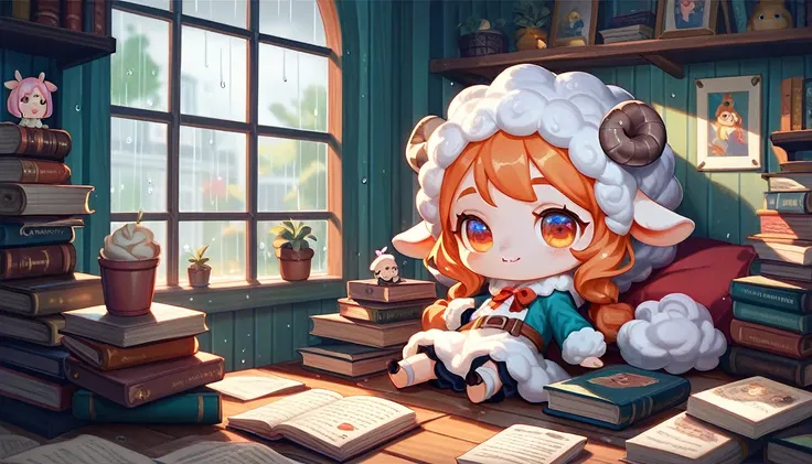 Chibi,  girl, Comfortable to wear,  Sheep Costume  ,indoor, her bed is full of books, Alone,  Chini Characters Surrounded by Books , Covered by a 、Rain Outside the Window 、wall paper,  Colorful and Pop Illustrations