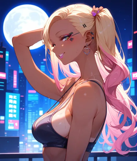 1girl,Gyaru make, tan, Gyaru, gyaru clothing,cowboy shot,from side,hand in own hair,seductive smile,sweat
,masterpiece,best quality,ultra detailed,8k portrait,unity 8k wallpaper,super fine illustration
,moon night,Cyberpunk Cities,Skyscraper Rooftop Garden...