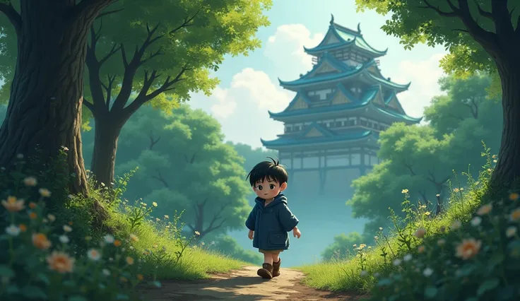 miko is seen walking carefully through a small forest within the castle, his brown eyes wide with fascination. his short black hair is neatly in place, with his round face reflecting awe. the dark blue raincoat appears slightly worn, with faint dirt marks 